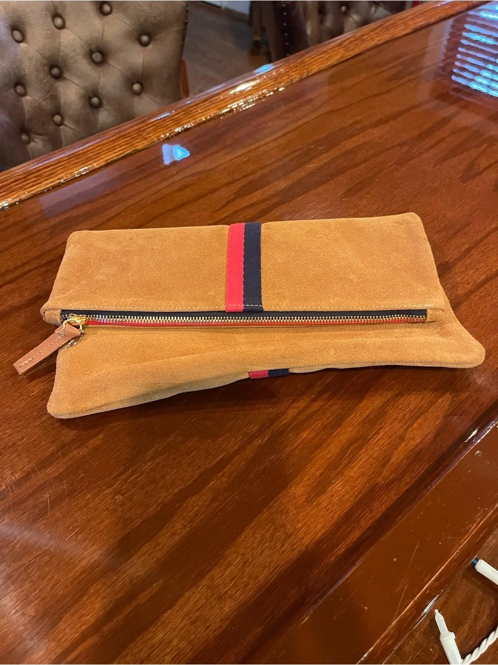 Clare V Fold-over Suede Clutch in Camel